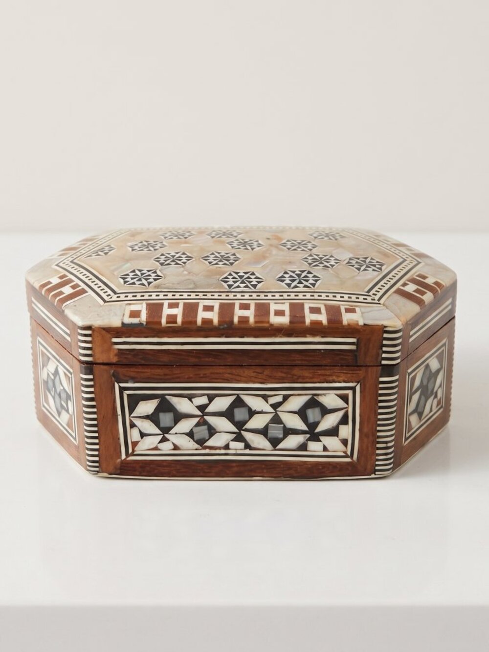 Vintage Middle Eastern Inlaid Wood Geometric Mosaic Shell Accent Jewelry Box